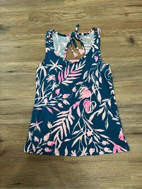 Lilly Pulitzer Teal Tank with Pink Leaf Print and Tie-Back